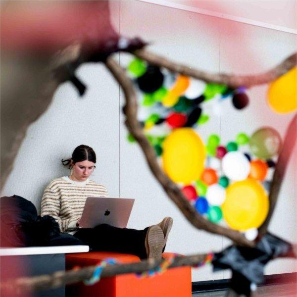 A student sits on an orange bench while using a laptop framed by colorful artwork.